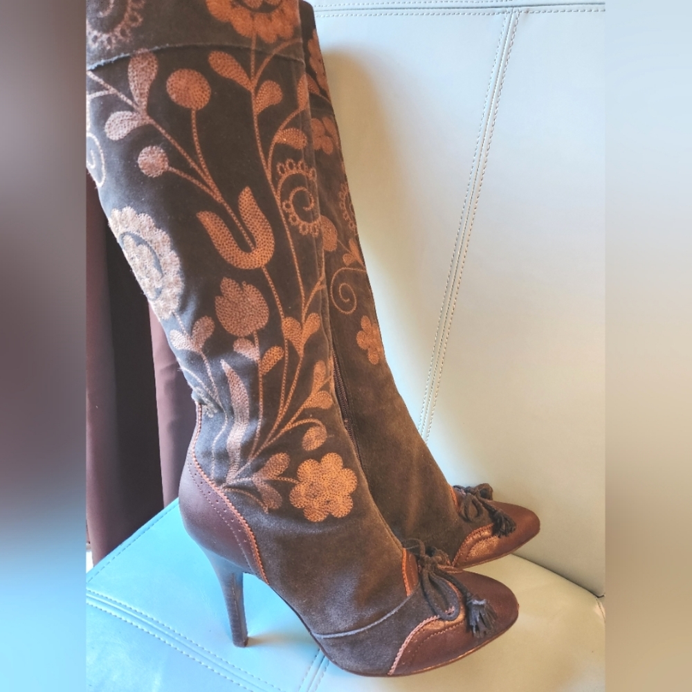 SAM EDELMAN Victorian Embroidery Suede Leather Zip BOW Ties Knee Boots 8.5 EUC - Picture 8 of 16